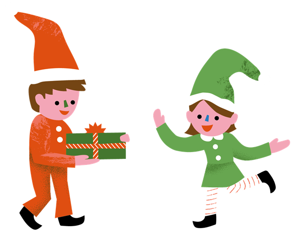 zwei gezeichnete weihnachtswichtel in rot und grün.
